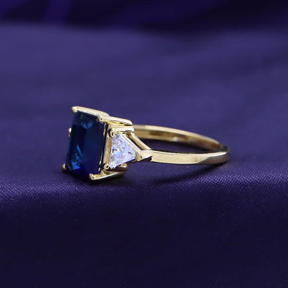 14K Gold Plated 925 Sterling Silver Emerald Cut Blue Sapphire with Trillion White Topaz Ring for Women Statement Jewelry, Gift for Her