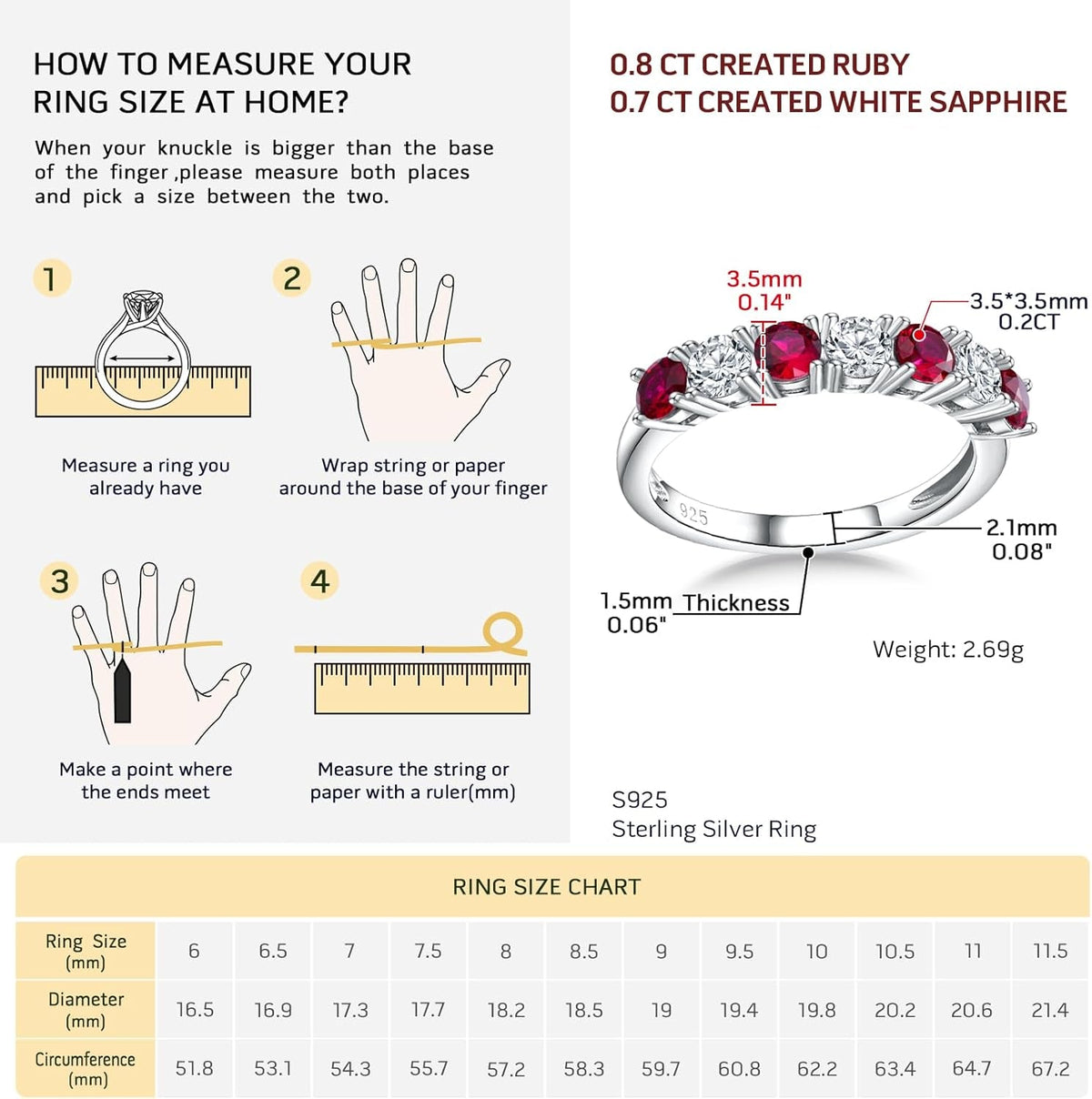 925 Sterling Silver Birthstone Rings for Women White Sapphire Created Gemstone Wedding Band Stackable Half Eternity 7 Stone Anniversary Ring Wife Mom Grandma Birthday Jewelry Size 6-10