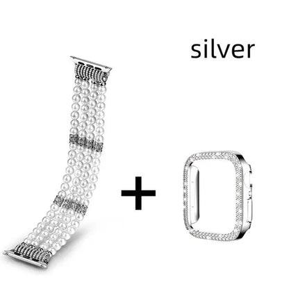 Diamond Case + Pearl Strap for apple watch strap 40mm 44mm 41mm 45mm 38mm 42mm 40mm iWatch series 3 4 5 6 se 7 strap