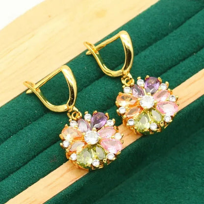 Classic Gold Color Jewelry Sets for Women Wedding Multi Color Zircon Bracelet Earrings Necklace Pendant Ring 4PCS