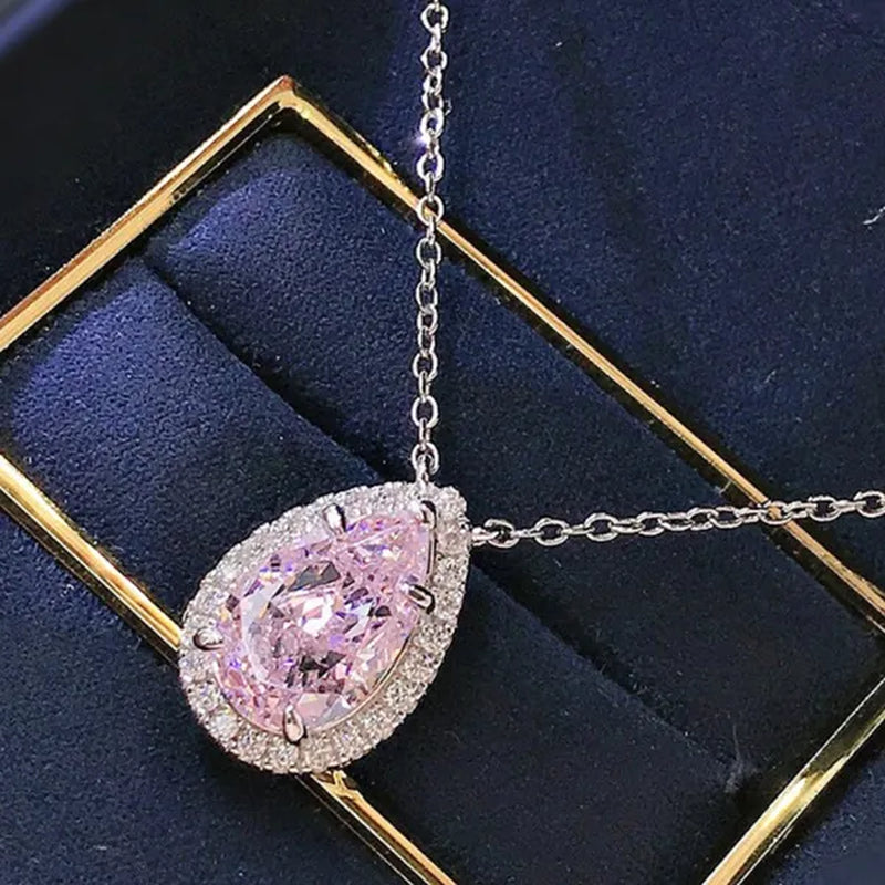 Bridal Wedding Necklace Jewelry 4 Claw Setting Waterdrop Cut Citrine Pink Gemstone Side Stone Lab Diamond Silver Plated Necklace for Women