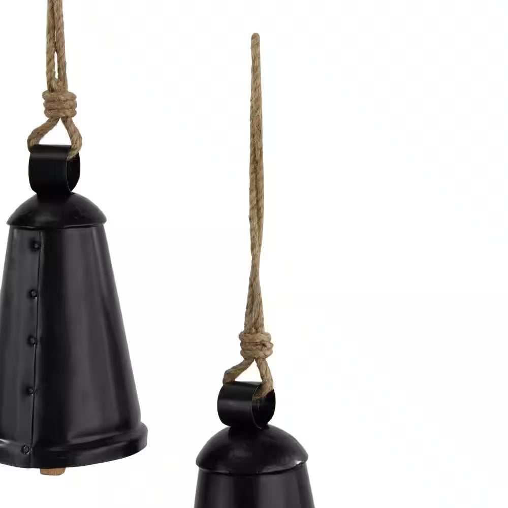 Black Metal Tibetan Inspired Narrow Cone Decorative Cow Bell with Jute Hanging Rope (3- Pack)