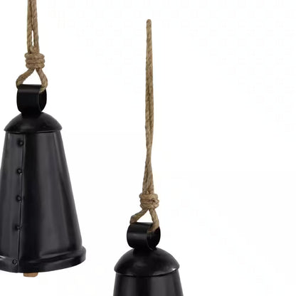 Black Metal Tibetan Inspired Narrow Cone Decorative Cow Bell with Jute Hanging Rope (3- Pack)
