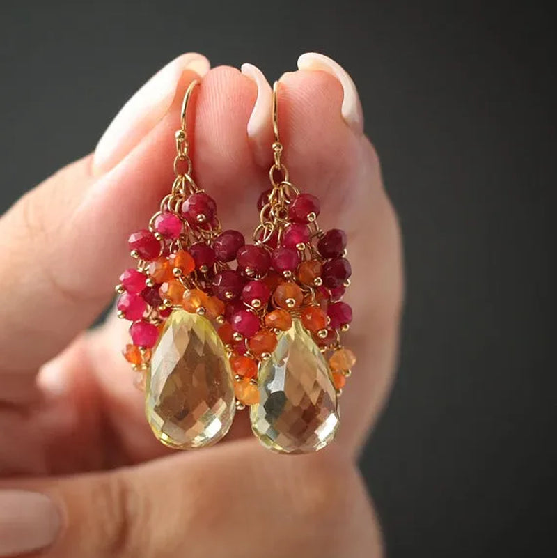 Gemstone Earrings Drop Earrings Ruby Earrings Cluster Earrings Lemon Topaz Earrings