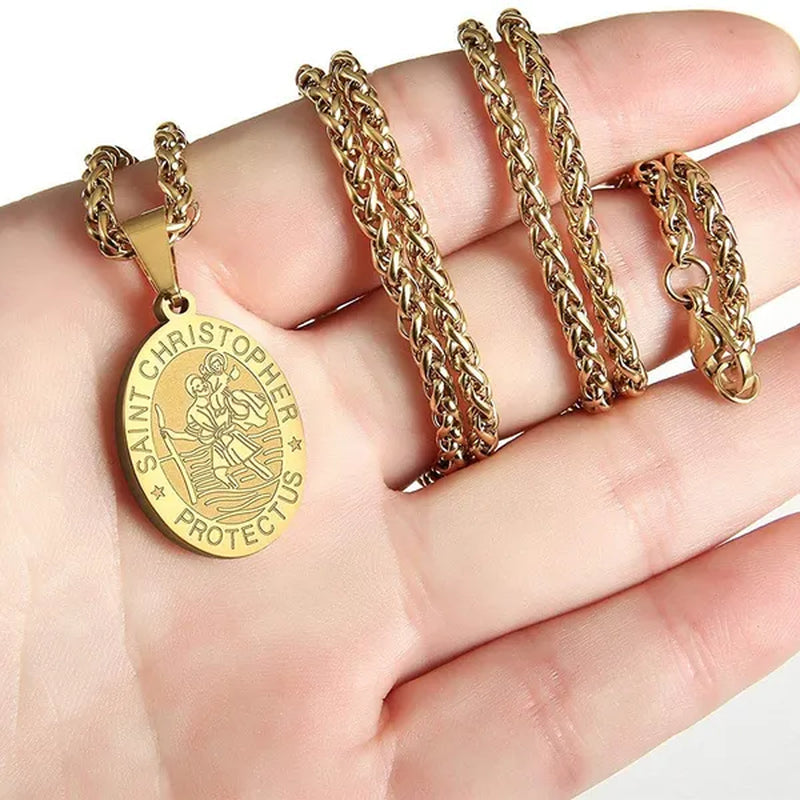Religious Catholicism Amulet Oval Saint Christopher Necklace for Men Women, 316L Stainless Titanium Steel Catholic Patron Saint of Travellers St Christopher Pendant with Chain 23.6 Inches Black / Silver / Gold