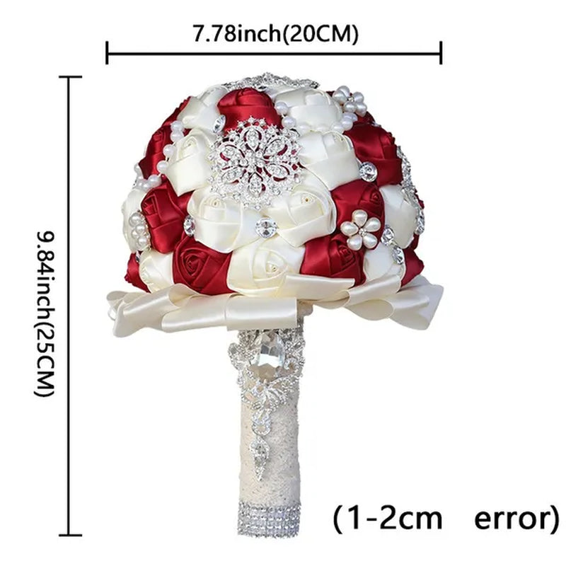 20CM Mixed Color Silk Ribbon Rose Wedding Flower Bouquet Luxury Pearl Crystal Brooch Bridal Bouquet Handmade Creative Bridesmaid Holding Flowers
