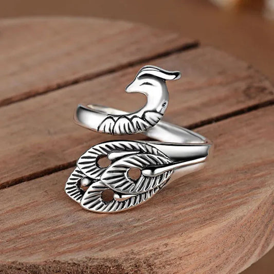 Fashion Retro 925 Sterling Silver Peacock Phoenix Open Adjustable Ring Women's Cocktail Party Animal Ring