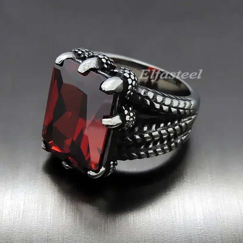 MEN'S BOY"S Dragon Claw Sapphire Ruby Blue CZ 316L Silver Stainless Steel Biker Ring US size 8 to15