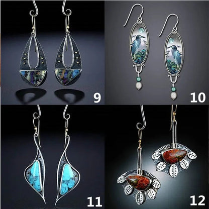 1 pair Antique 925 Sterling Silver Pendant Earrings Natural Gemstone Inlay Dangle Earrings Bridal Engagement Wedding Anniversary Gift  Bohemian Style Earrings