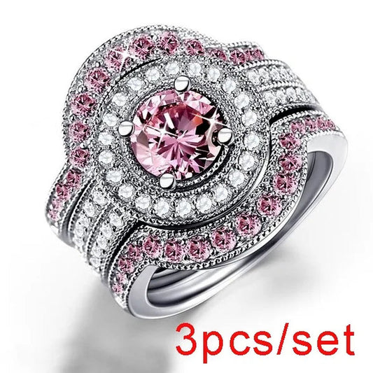 3pcs/set Top Quality 925 Sterling Silver Round Cut 8.8CT Pink & White Topaz Bridal Engagement Wedding Ring Sets