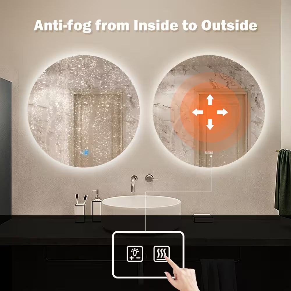 32 In. W X 32 In. H round Frameless LED Light with 3-Color and Anti-Fog Wall Mounted Bathroom Vanity Mirror