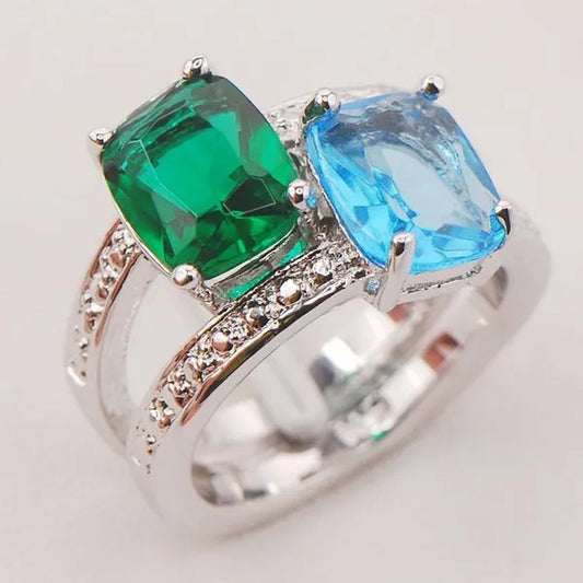 Emerald Aquamarine 925 Sterling Silver Fashion Ring Size 6 7 8 9 10 F787