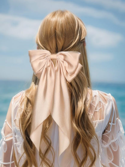 Big Bow Barrettes and Satin Hair Pins with Long Ribbon Tails - Party and Casual Hair Accessories for Women and Girls in Apricot