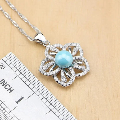 Flower 925 Silver Jewelry Set Blue Pearl With Beads Pendant Drop Earrings Rings Necklace  For Women