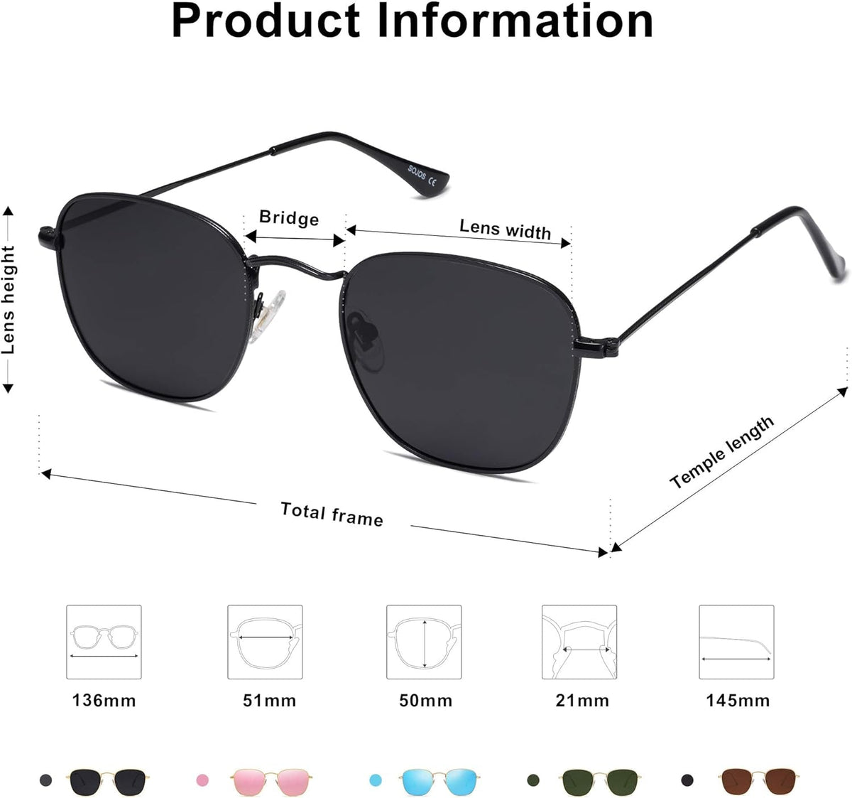 Square Polarized Sunglasses for Men Women Classic Vintage Retro Style