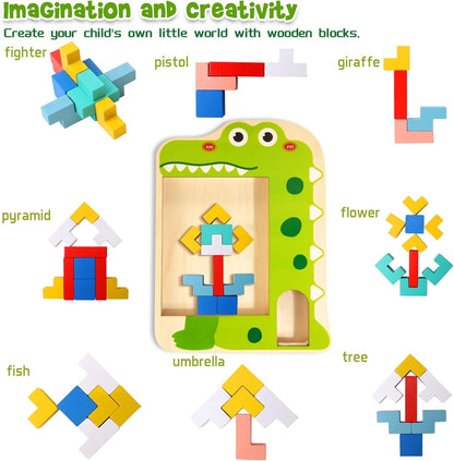 Wooden Blocks Puzzle Brain Toy for Kids Montessori STEM Educational Toy Pattern Blocks Gift for 3 4 5 6 7 Year Old Boys Girls
