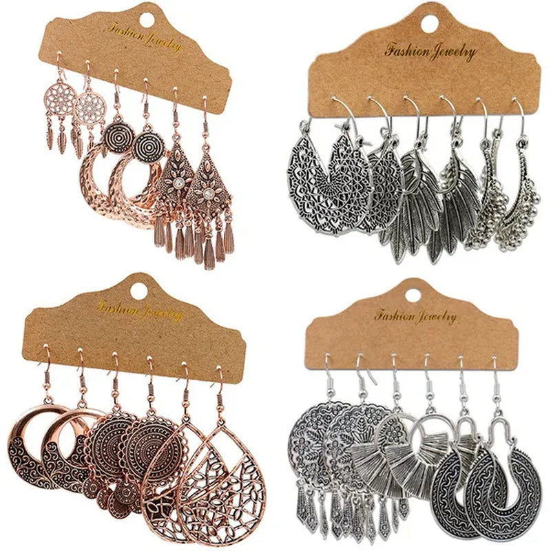 3 Pairs Women's Fashion Jewelry Vintage Bohemian Ethnic Carved Dangle Earrings for Women Charm Geometry Leaves Hoop Earring Wedding Engagement Party Banquet Earrings