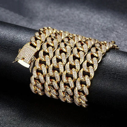 Gold/Silver Stainless Steel Hip Hop Jewelry Iced Out Rhinestone Thick Miami Cuban Link Chain Necklace Bracelet 7-28 Inch