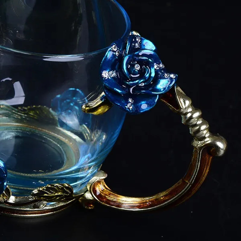 Red Blue Rose Enamel Crystal Cup Flower Tea Cup Butterfly Glass Water Cups Flower Mug with Spoon Set Perfect Gift for Lover Wedding