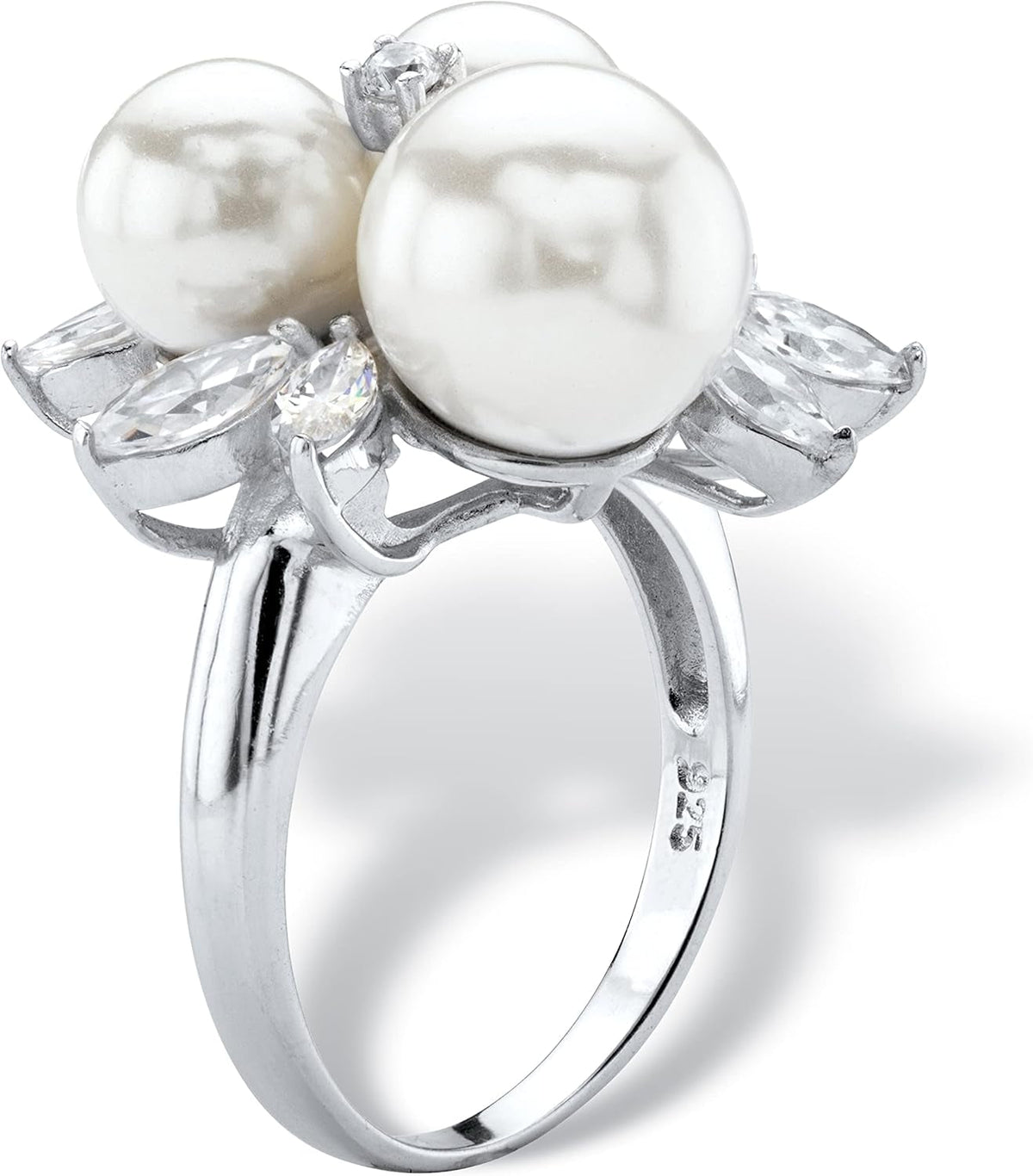 Platinum over Sterling Silver round Simulated Pearl and Cubic Zirconia Ring
