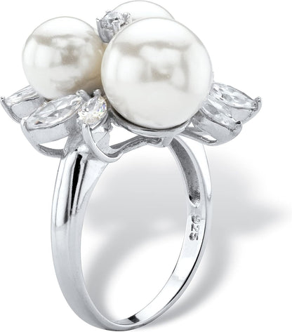 Platinum over Sterling Silver round Simulated Pearl and Cubic Zirconia Ring