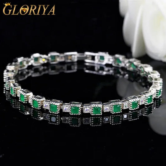 Gloriya Fashion Silver Color Elegant Charm Bangle Jewelry for Prom Women Simple Trendy Green CZ Crystal Square Tennis Bracelets