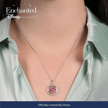Enchanted Disney Fine Jewelry 14K Rose Gold over Sterling Silver 5.5 MM Square Created Pink Sapphire and 1/5 CTTW Natural White round Diamond Aurora Pendant Necklace