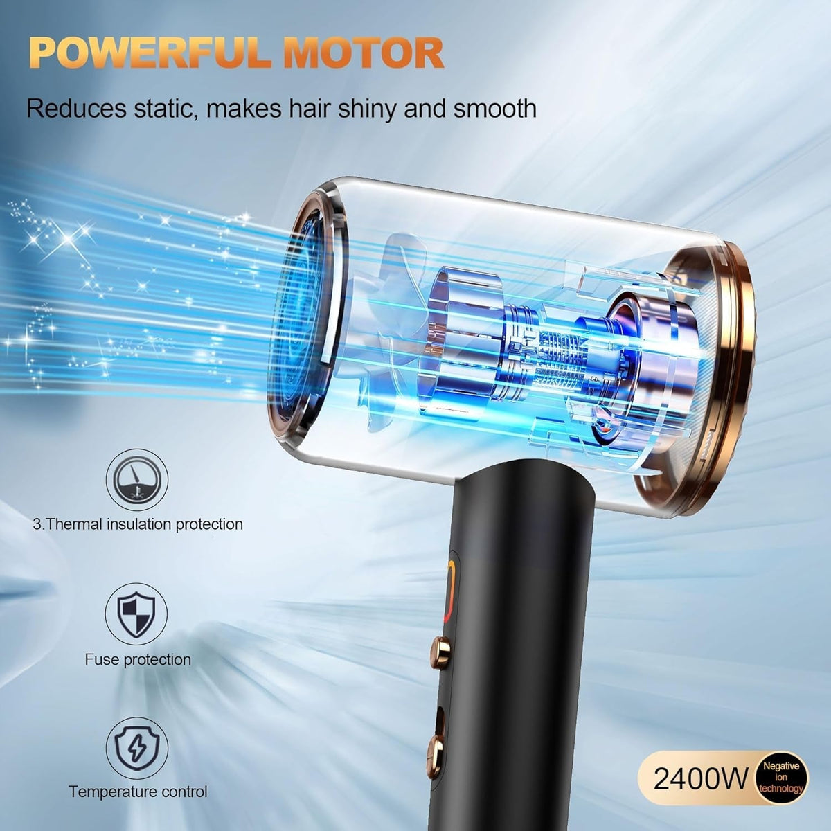 Ionic Hair Dryer,Blow Dryer, with Diffuser & Concentrator Nozzle,Secadora De Pelo | 1875W Turbo Ultra-Quiet Motor | 2 Heat & 3 Speed Settings | Quick Heat-Up & Constant Temperature,Black