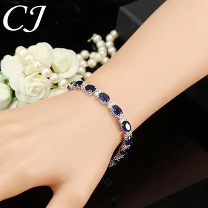 CANDICE Top Grade Blue Oval Women Silver Plated Jewelry Pave White Cubic Zirconia Noble Tennis Bracelet Bangles with Extended Clasp