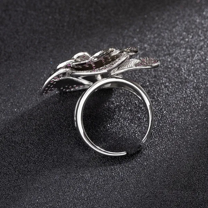 CANDICE High Quality White Gold Plated Micro Inlaid Rose Red AAA CZ Crystal 3D Big Flower Exaggerated Cocktail Party Ring for Women Costume Jewelry