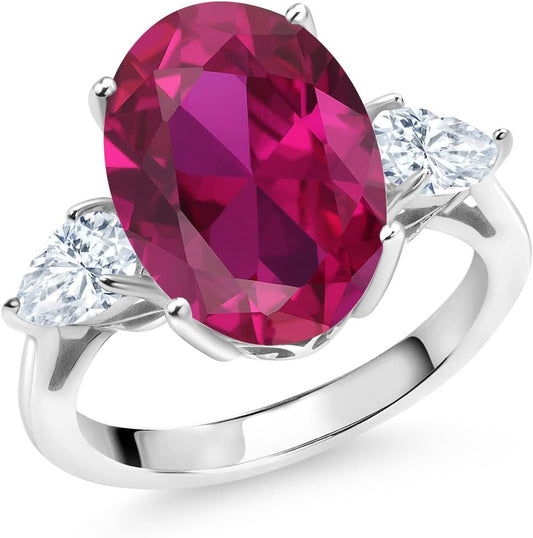 3.80 Cttw Red Created Ruby and White Moissanite 3 Stone Ring for Women | 925 Sterling Silver | 14X10MM Oval and 6X4MM Pear Shape | Available in Size 5, 6, 7, 8, 9