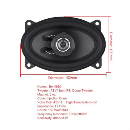 2Pcs 4 X 6 Inch Car Coaxial Speaker Hifi Audio Full Range Frequency Loudspeaker 2 Way 150W