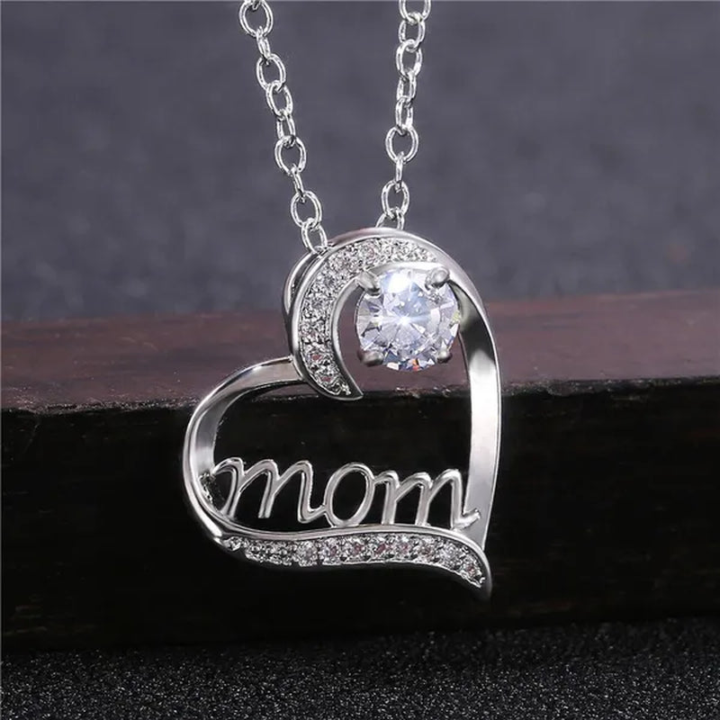 Love Mum Silver Plated Ruby MOM Character Emerald Necklace Jewelry Family Birthday Best Gift for Mother Mummy Party Wedding Band Necklace Christmas Gift