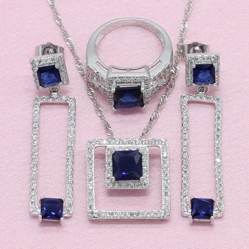 Women Fashion Silver Blue Zircon Ring Earrings Bracelet Pendant jewelry sets