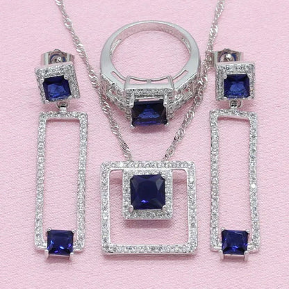 Women Fashion Silver Blue Zircon Ring Earrings Bracelet Pendant jewelry sets