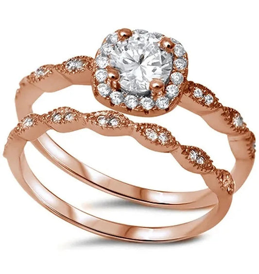 Sterling Silver .925 CZ Cubic Zirconia Rose Gold Plated Halo Round Antique Engagement Ring Wedding Set Size 4-10