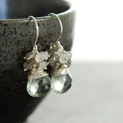 Sterling Silver Gemstone Cluster Earrings, Green Amethyst Moonstone Smoky Quartz, Handmade Earrings,