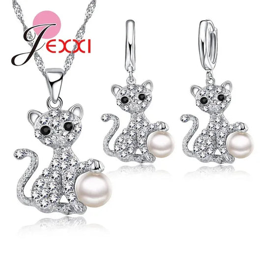 Cute Cat With Fine CZ Diamond And Pearl Ball 925 Sterling Silver Fashion Jewelry Set With Necklace/Earings Wholesale