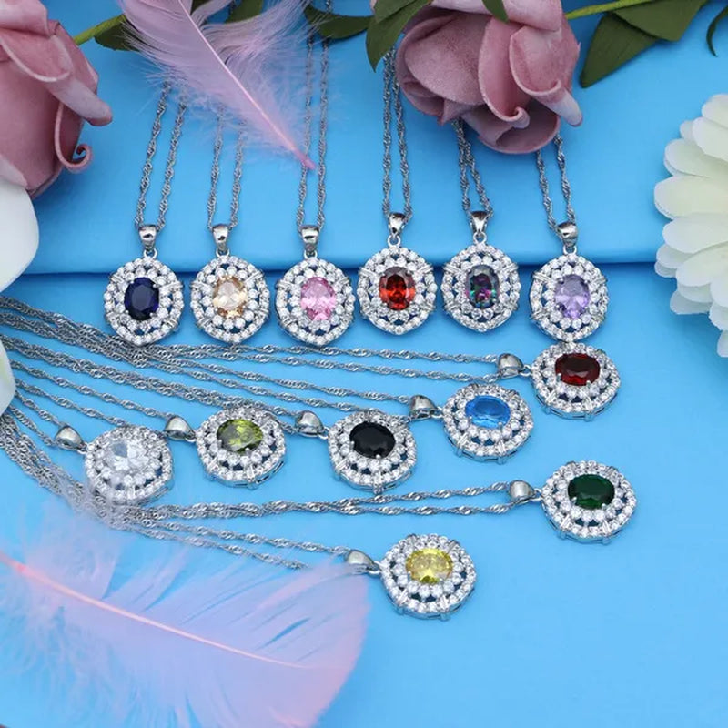 Oval 925 Silver Party Jewelry Sets blue sapphire White CZ Earrings Pendant Necklace Rings Bracelet Gift For Women