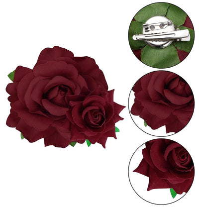 Rose Hair Clip Flower Hairpin Rose Brooch Floral Clips, 4 Pcs Fabric Rose Flowers Hair Clips Mexican Hair Flowers Pin up Headpieces for Woman Girl Wedding Party Mother'S Day (Dark Red)