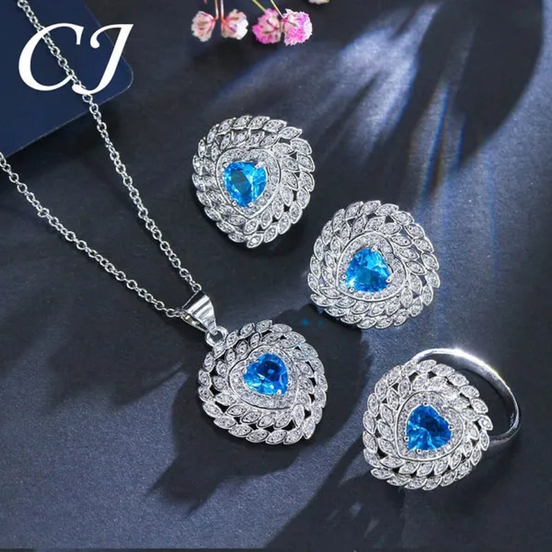 CANDICE 3pcs Love Jewelry Set Micro White CZ Pave Heart Red Crystal Romantic Party Necklace Earrings Ring Sterling Silver Plated Sets for Women Girl Gifts