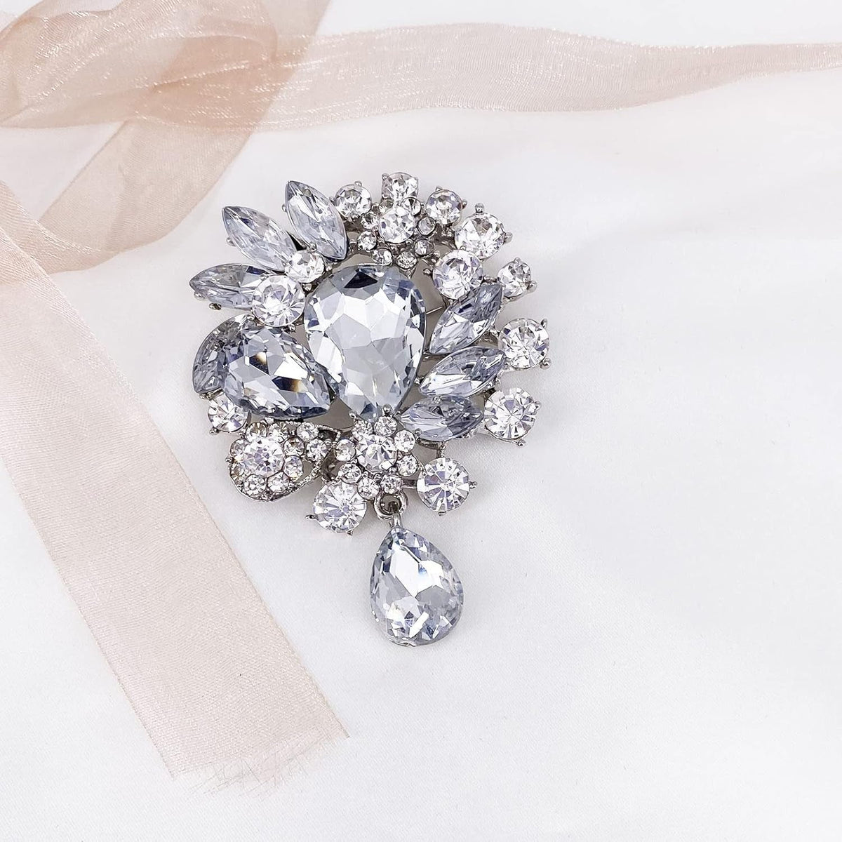 Vintage Wedding Bridal Big Blue Crystal Rhinestone Tear Drop Brooch Pin for Women