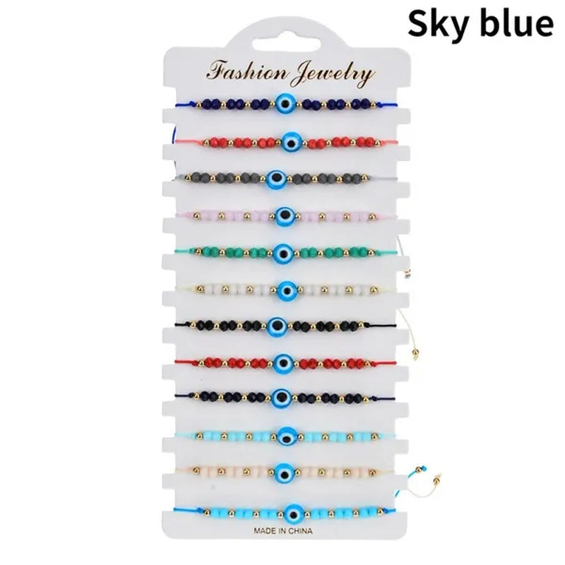 12 Pcs/Lot Fashion Colorful Evil Eye Beaded Bracelets Handmade Braided Adjustable Yoga Bracelet for Women Men Jewelry