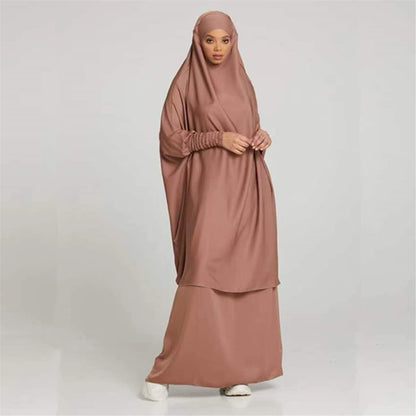 Women Muslim 2 Set Solid Color plus Long Sleeve Thobe One-Size Longuette Overall Abaya Thobe with Hoodied Hijab