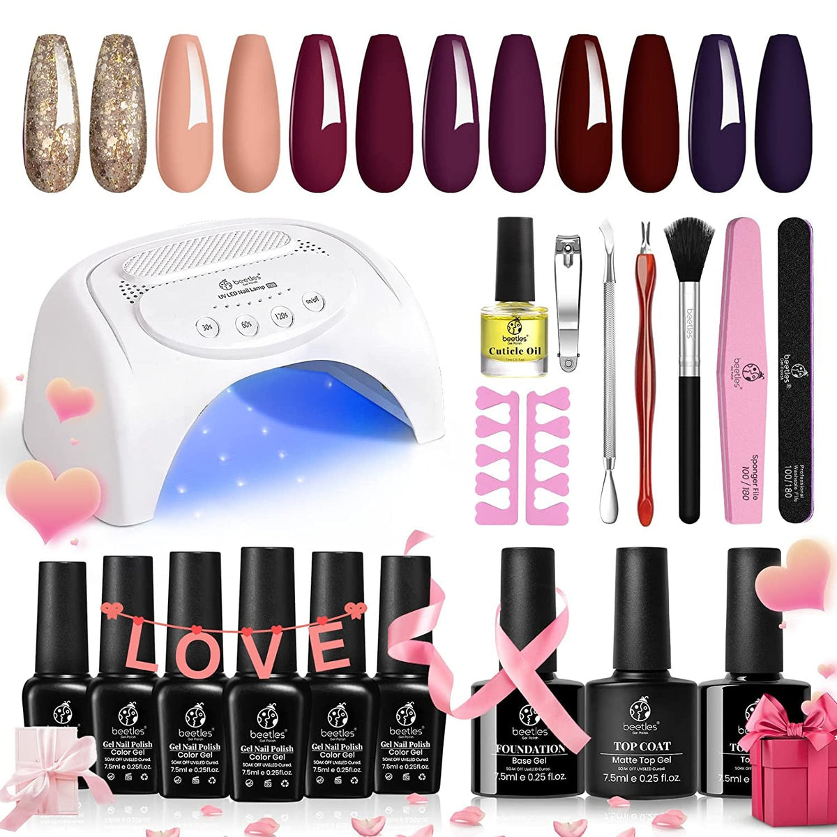 Beetles Purple Burgundy Red Gel Nail Polish Kit with Uv Light 48W LED Nail Lamp Dryer Spring Colors Neutral Gel Polish Starter Kit Peach Pink Manicure Set Soak off Gel Polish Skin Tone Gifts for Women