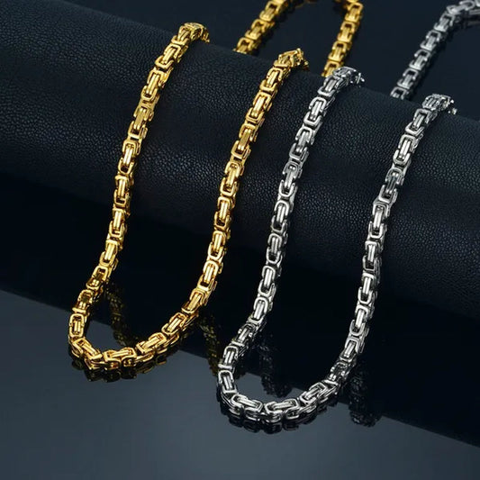 Men's Hip Hop Silver-tone/18K Gold Plated Stainless Steel Byzantine Box Link Chain Necklace