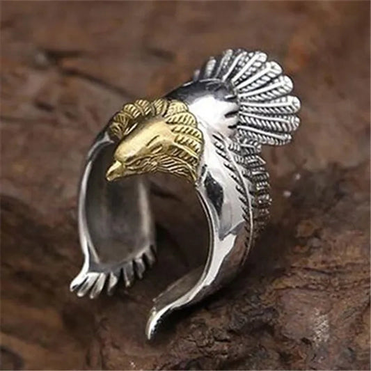 Men's fashion European and American retro silver-plated punk embossed totem ring eagle wing ring eagle jewelry noble gentleman style engagement wedding banquet accessories boyfriend birthday father's day gift jewelry ring of power
