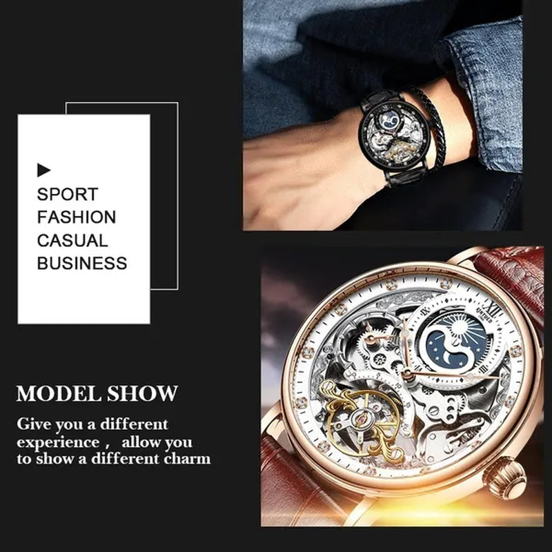 KINYUED Mechanical Automatic Watch Men Tourbillon Wristwatch Sports Clock Mechanism Self Winding Watches Casual Moon horloge man watches