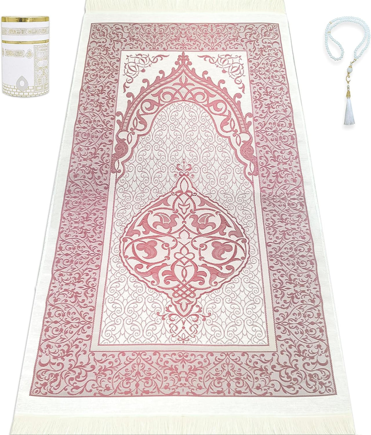 Muslim Prayer Rug Islam and Beads, Kaabe Design Box Eid Ramadan Gifts Islamic Set Carnal Salah Mat Taffeta Fabric Black Soft Prayer Mats Men and Women (Pink)