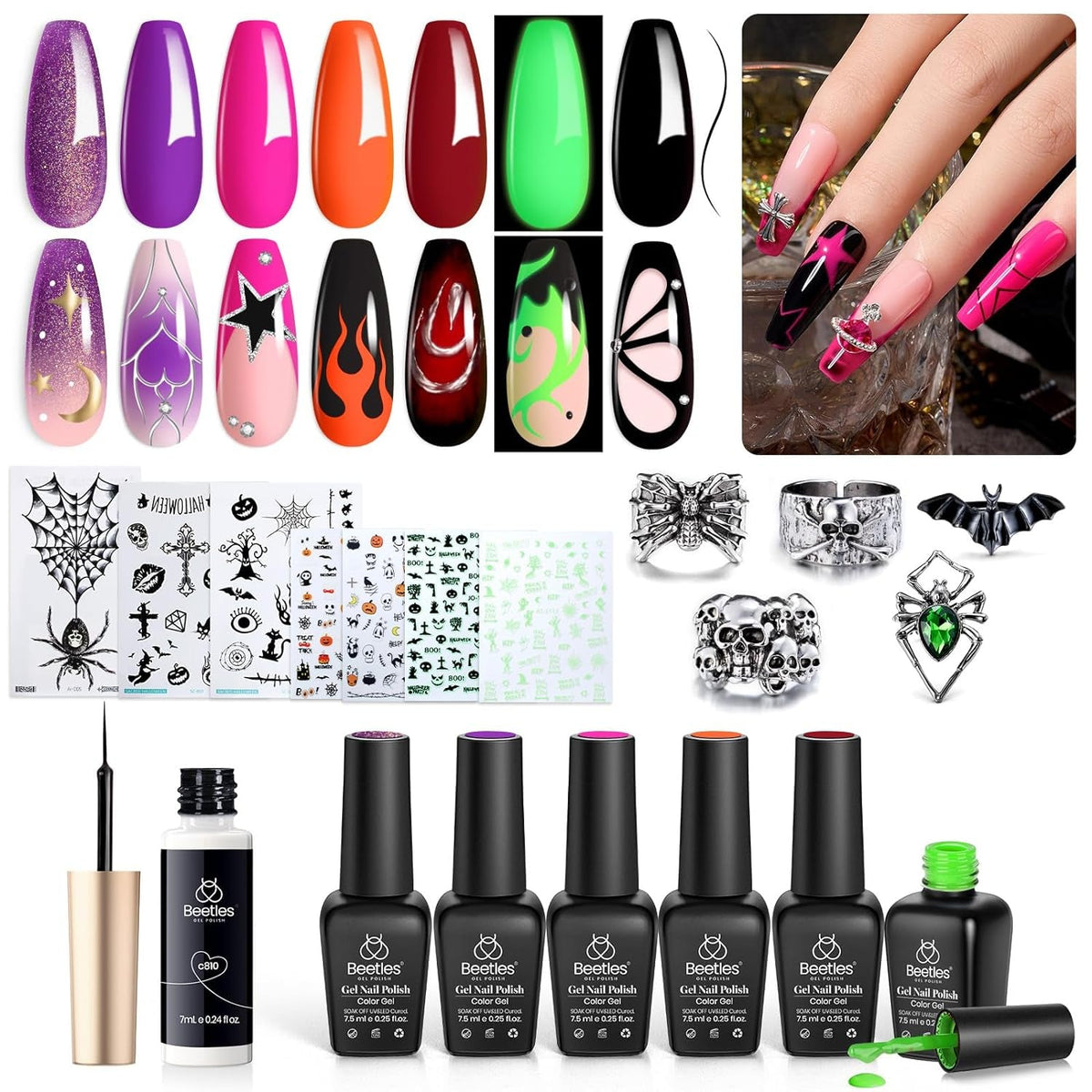 Beetles Gel Nail Polish Set, 6 Retro Colors Old School Collection Soak Off UV Gel Polish Red Yellow Blue Orange Green Gel Polish Nail Art Design Spring Manicure Kit Salon DIY Gifts for Women Girls